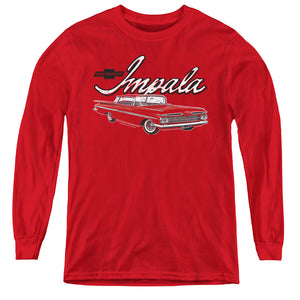 AN OFFCIALLY LICENSED CHEVROLET CLASSIC IMPALA YOUTH LONG SLEEVE T-SHIRT RED
