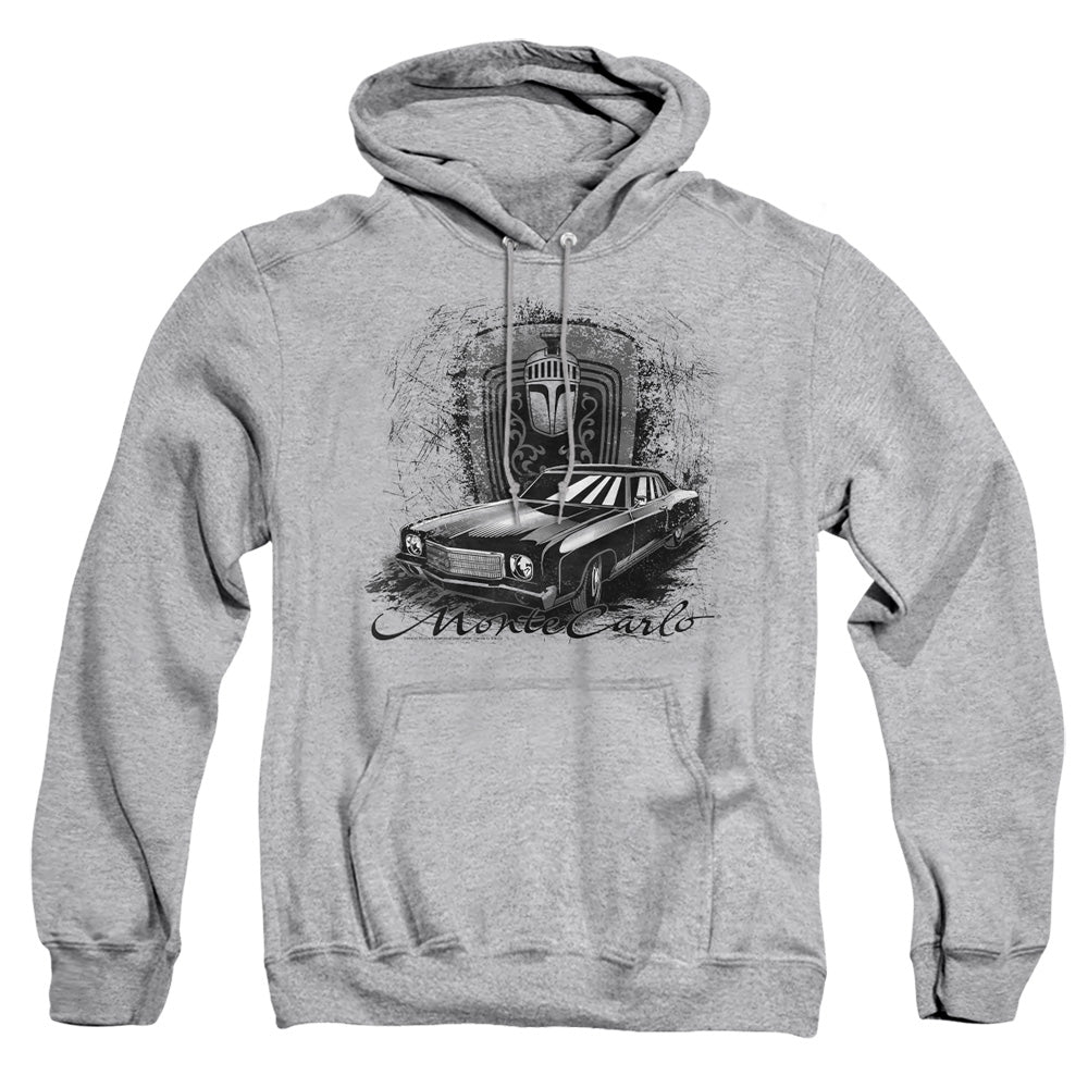 AN OFFCIALLY LICENSED CHEVROLET MONTE CARLO DRAWING ADULT UNISEX PULLOVER HOODIE ATHLETIC HEATHER