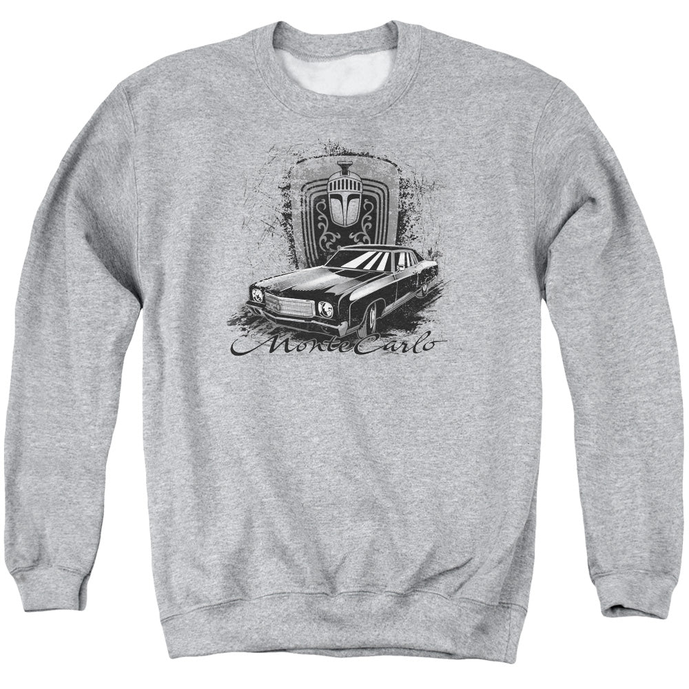 AN OFFCIALLY LICENSED CHEVROLET MONTE CARLO DRAWING ADULT UNISEX CREWNECK SWEATSHIRT ATHLETIC HEATHER