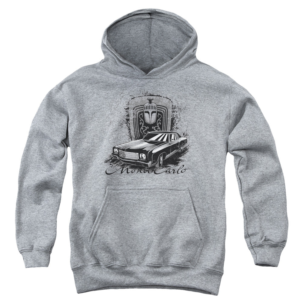 AN OFFCIALLY LICENSED CHEVROLET MONTE CARLO DRAWING YOUTH HOODIE ATHLETIC HEATHER