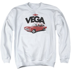 AN OFFCIALLY LICENSED CHEVROLET ROUGH VEGA ADULT UNISEX CREWNECK SWEATSHIRT WHITE