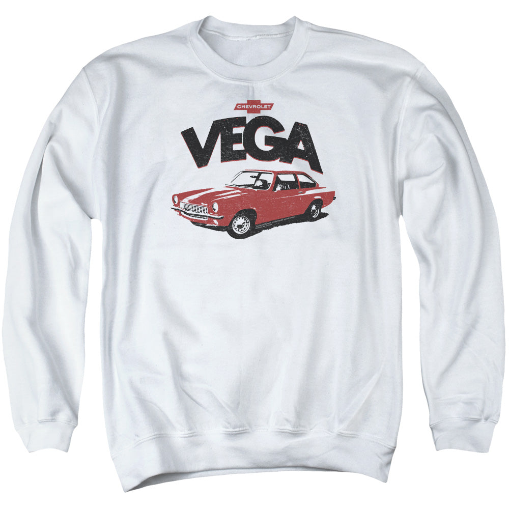 AN OFFCIALLY LICENSED CHEVROLET ROUGH VEGA ADULT UNISEX CREWNECK SWEATSHIRT WHITE