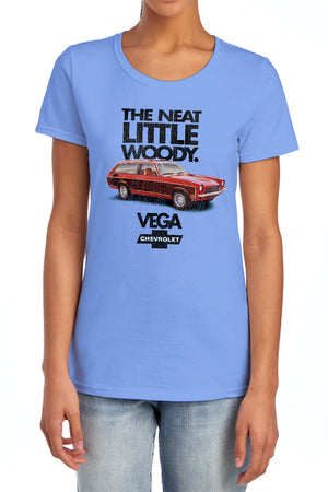 AN OFFCIALLY LICENSED CHEVROLET VEGA THE NEAT LITTLE WOODY WOMEN'S REGULAR FIT T-SHIRT CAROLINA BLUE