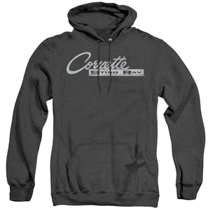 AN OFFCIALLY LICENSED CHEVROLET CHROME STINGRAY LOGO ADULT UNISEX HEATHER PULLOVER HOODIE BLACK
