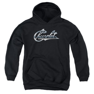 AN OFFCIALLY LICENSED CHEVROLET CHROME VINTAGE CHEVY BOWTIE YOUTH HOODIE BLACK
