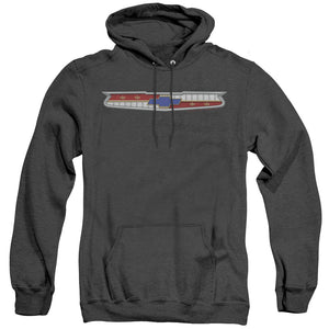 AN OFFCIALLY LICENSED CHEVROLET 56 BEL AIR EMBLEM ADULT UNISEX HEATHER PULLOVER HOODIE BLACK