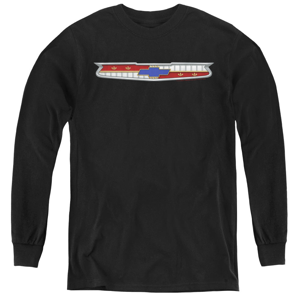 AN OFFCIALLY LICENSED CHEVROLET 56 BEL AIR EMBLEM YOUTH LONG SLEEVE T-SHIRT BLACK