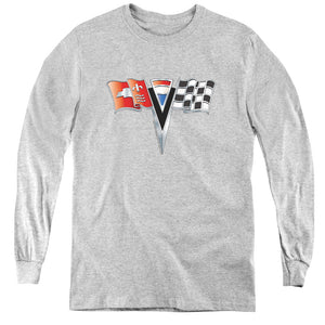 AN OFFCIALLY LICENSED CHEVROLET 2ND GEN VETTE NOSE EMBLEM YOUTH LONG SLEEVE T-SHIRT ATHLETIC HEATHER