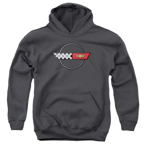 AN OFFCIALLY LICENSED CHEVROLET 4TH GEN VETTE LOGO YOUTH HOODIE CHARCOAL
