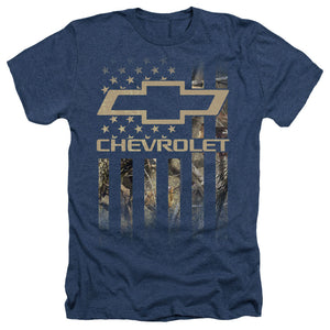 AN OFFCIALLY LICENSED CHEVROLET CAMO FLAG MEN'S HEATHER T-SHIRT NAVY