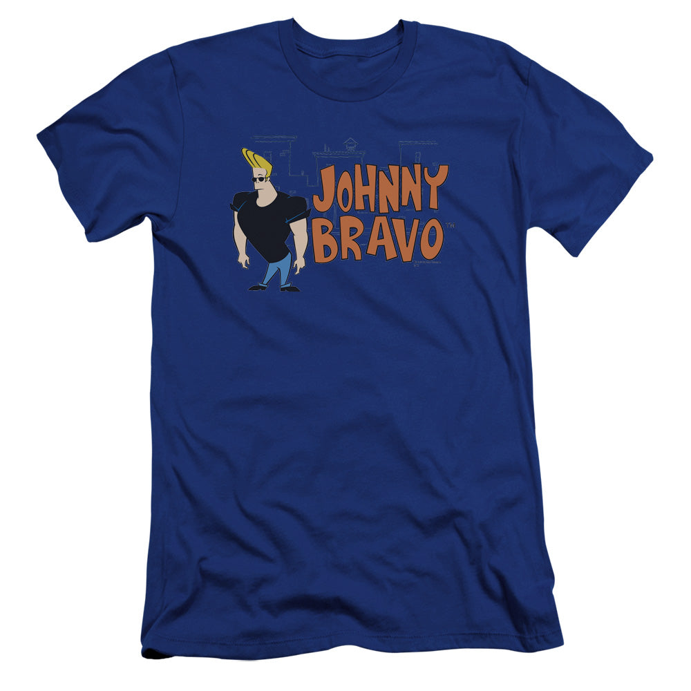 AN OFFCIALLY LICENSED JOHNNY BRAVO JOHNNY LOGO MEN'S PREMIUM SLIM FIT T-SHIRT ROYAL