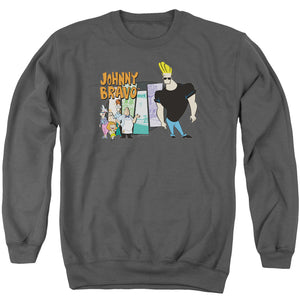 AN OFFCIALLY LICENSED JOHNNY BRAVO JOHNNY & FRIENDS ADULT UNISEX CREWNECK SWEATSHIRT CHARCOAL
