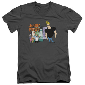 AN OFFCIALLY LICENSED JOHNNY BRAVO JOHNNY & FRIENDS MEN'S V-NECK T-SHIRT CHARCOAL