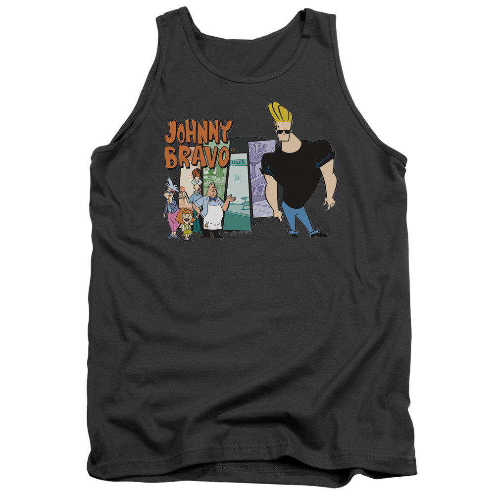 AN OFFCIALLY LICENSED JOHNNY BRAVO JOHNNY & FRIENDS ADULT UNISEX TANK TOP CHARCOAL