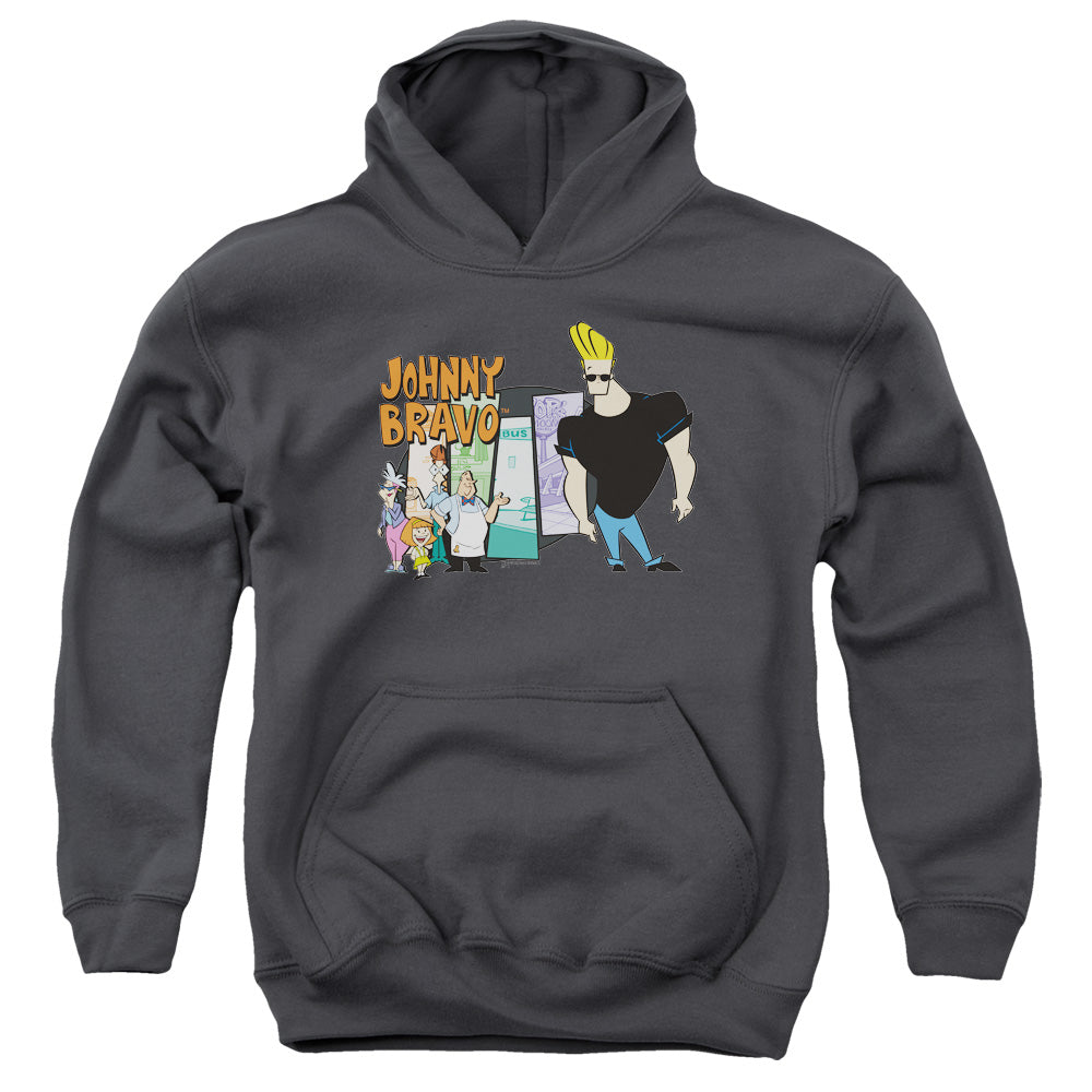 AN OFFCIALLY LICENSED JOHNNY BRAVO JOHNNY & FRIENDS YOUTH HOODIE CHARCOAL