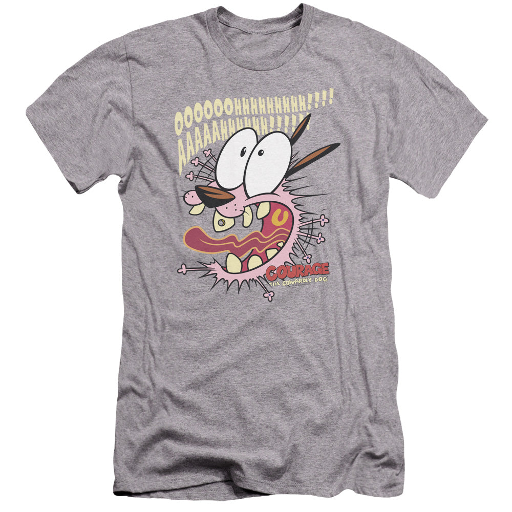 AN OFFCIALLY LICENSED COURAGE THE COWARDLY DOG SCAREDY DOG MEN'S PREMIUM SLIM FIT T-SHIRT ATHLETIC HEATHER