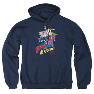 AN OFFCIALLY LICENSED COW & CHICKEN SUPER COW ADULT UNISEX PULLOVER HOODIE NAVY
