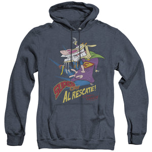 AN OFFCIALLY LICENSED COW & CHICKEN SUPER COW ADULT UNISEX HEATHER PULLOVER HOODIE NAVY