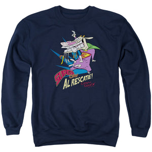 AN OFFCIALLY LICENSED COW & CHICKEN SUPER COW ADULT UNISEX CREWNECK SWEATSHIRT NAVY
