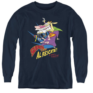 AN OFFCIALLY LICENSED COW & CHICKEN SUPER COW YOUTH LONG SLEEVE T-SHIRT NAVY