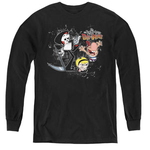 AN OFFCIALLY LICENSED BILLY & MANDY SPLATTER CAST YOUTH LONG SLEEVE T-SHIRT BLACK