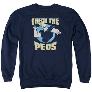 AN OFFCIALLY LICENSED JOHNNY BRAVO CHECK THE PECTS ADULT UNISEX CREWNECK SWEATSHIRT NAVY