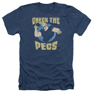AN OFFCIALLY LICENSED JOHNNY BRAVO CHECK THE PECTS MEN'S HEATHER T-SHIRT NAVY