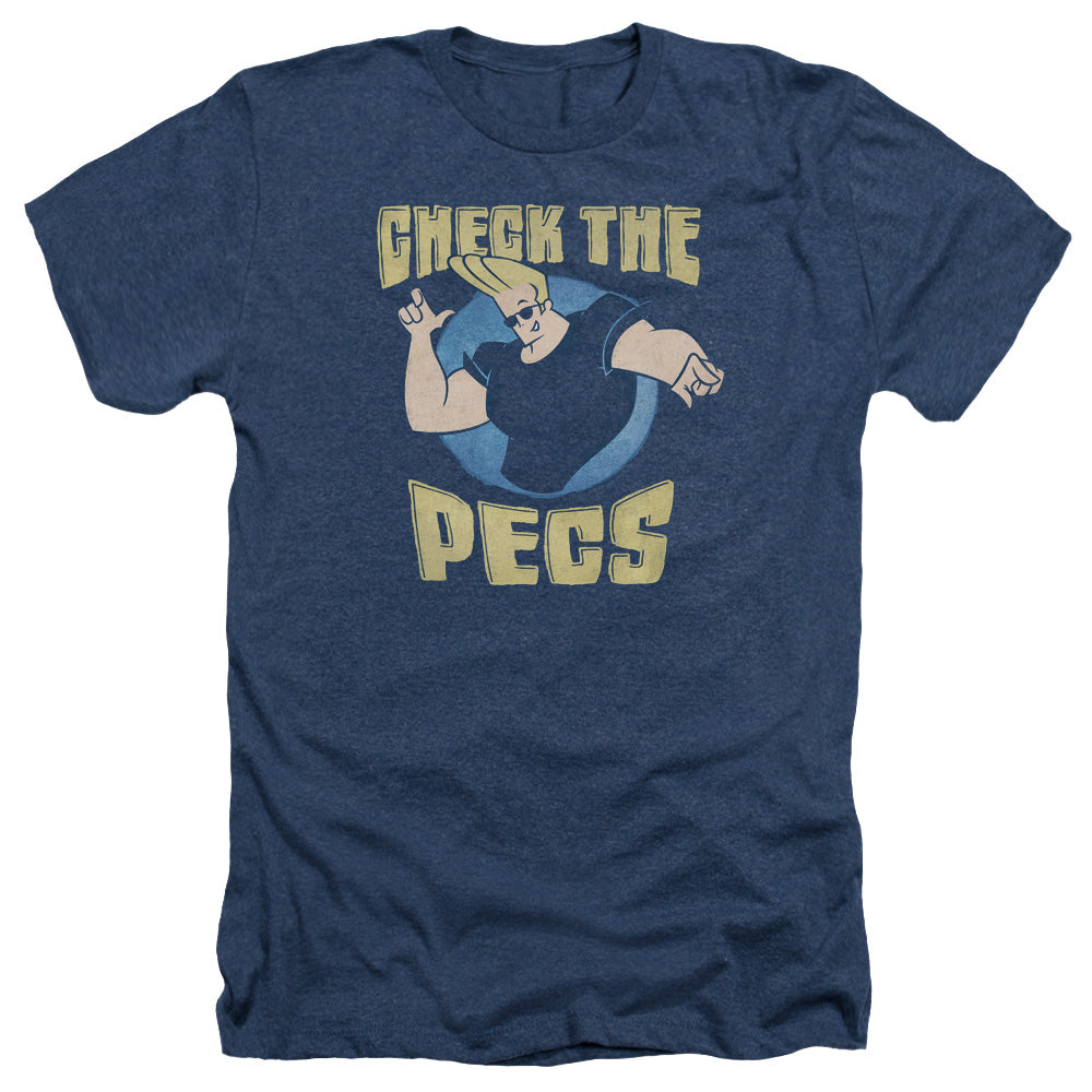 AN OFFCIALLY LICENSED JOHNNY BRAVO CHECK THE PECTS MEN'S HEATHER T-SHIRT NAVY