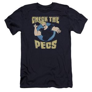 AN OFFCIALLY LICENSED JOHNNY BRAVO CHECK THE PECTS MEN'S PREMIUM SLIM FIT T-SHIRT NAVY