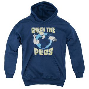 AN OFFCIALLY LICENSED JOHNNY BRAVO CHECK THE PECTS YOUTH HOODIE NAVY