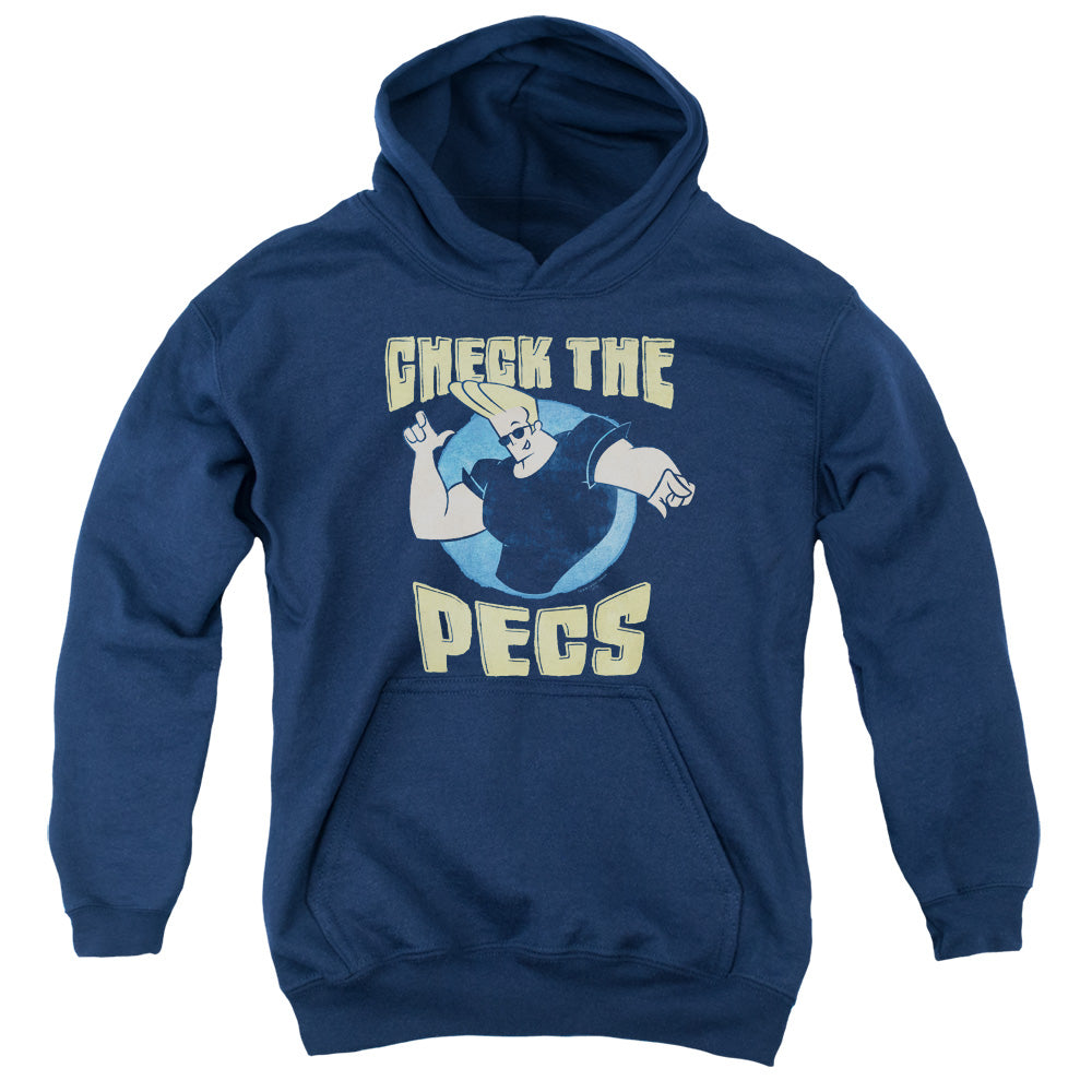 AN OFFCIALLY LICENSED JOHNNY BRAVO CHECK THE PECTS YOUTH HOODIE NAVY