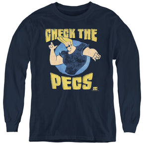 AN OFFCIALLY LICENSED JOHNNY BRAVO CHECK THE PECTS YOUTH LONG SLEEVE T-SHIRT NAVY