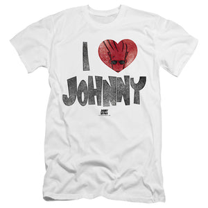 AN OFFCIALLY LICENSED JOHNNY BRAVO I HEART JOHNNY MEN'S PREMIUM SLIM FIT T-SHIRT WHITE