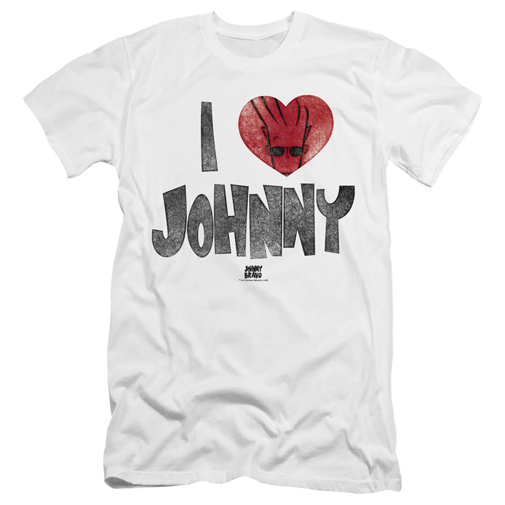 AN OFFCIALLY LICENSED JOHNNY BRAVO I HEART JOHNNY MEN'S PREMIUM SLIM FIT T-SHIRT WHITE