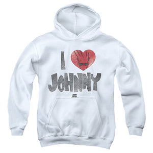 AN OFFCIALLY LICENSED JOHNNY BRAVO I HEART JOHNNY YOUTH HOODIE WHITE