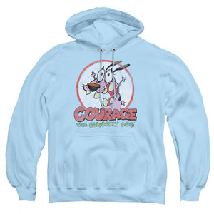AN OFFCIALLY LICENSED COURAGE THE COWARDLY DOG VINTAGE COURAGE ADULT UNISEX PULLOVER HOODIE LIGHT BLUE