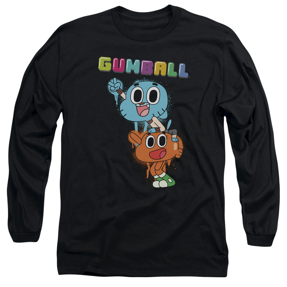 AN OFFCIALLY LICENSED AMAZING WORLD OF GUMBALL GUMBALL SPRAY MEN'S LONG SLEEVE T-SHIRT BLACK