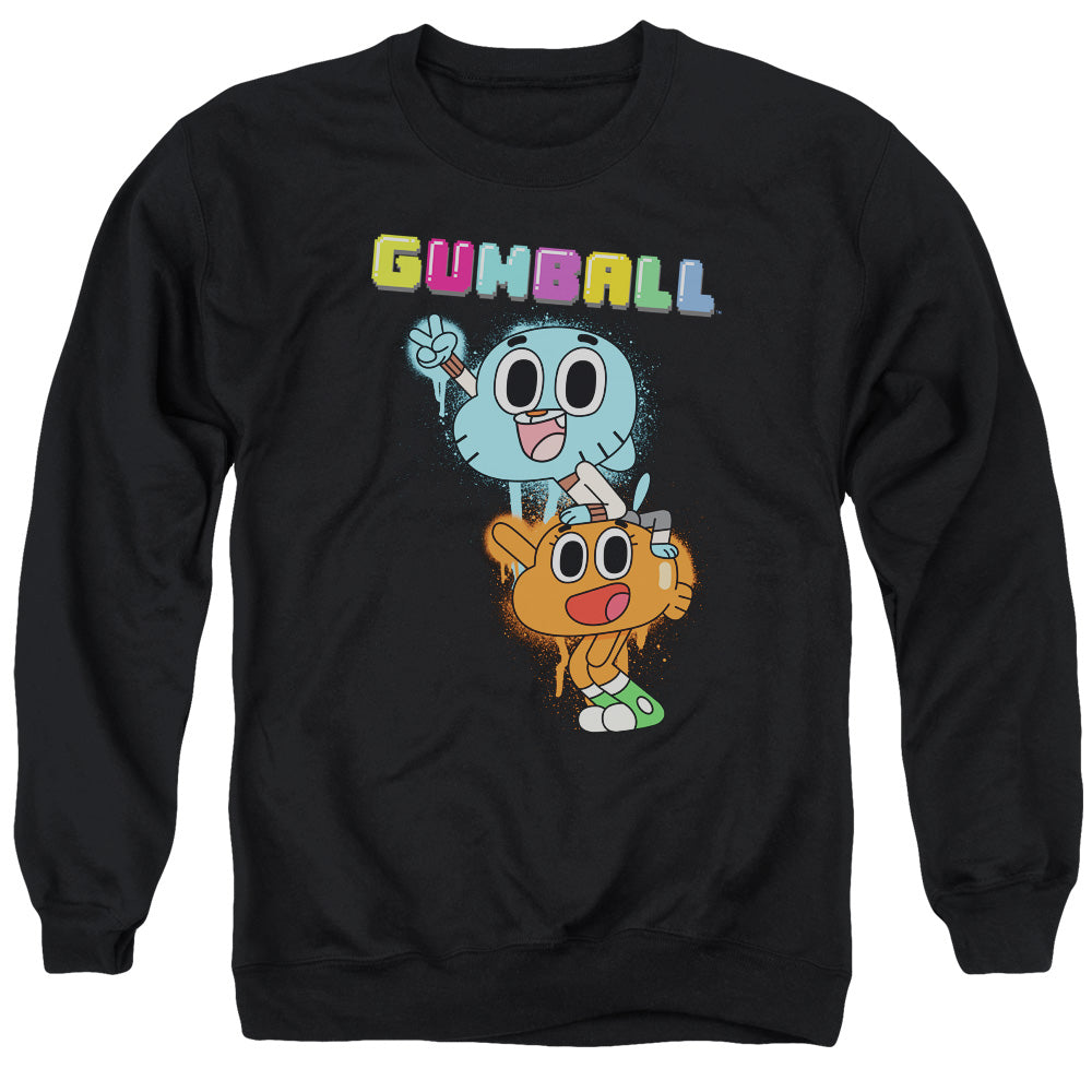 AN OFFCIALLY LICENSED AMAZING WORLD OF GUMBALL GUMBALL SPRAY ADULT UNISEX CREWNECK SWEATSHIRT BLACK