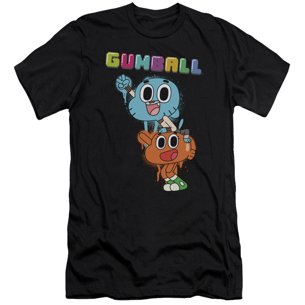 AN OFFCIALLY LICENSED AMAZING WORLD OF GUMBALL GUMBALL SPRAY MEN'S PREMIUM SLIM FIT T-SHIRT BLACK
