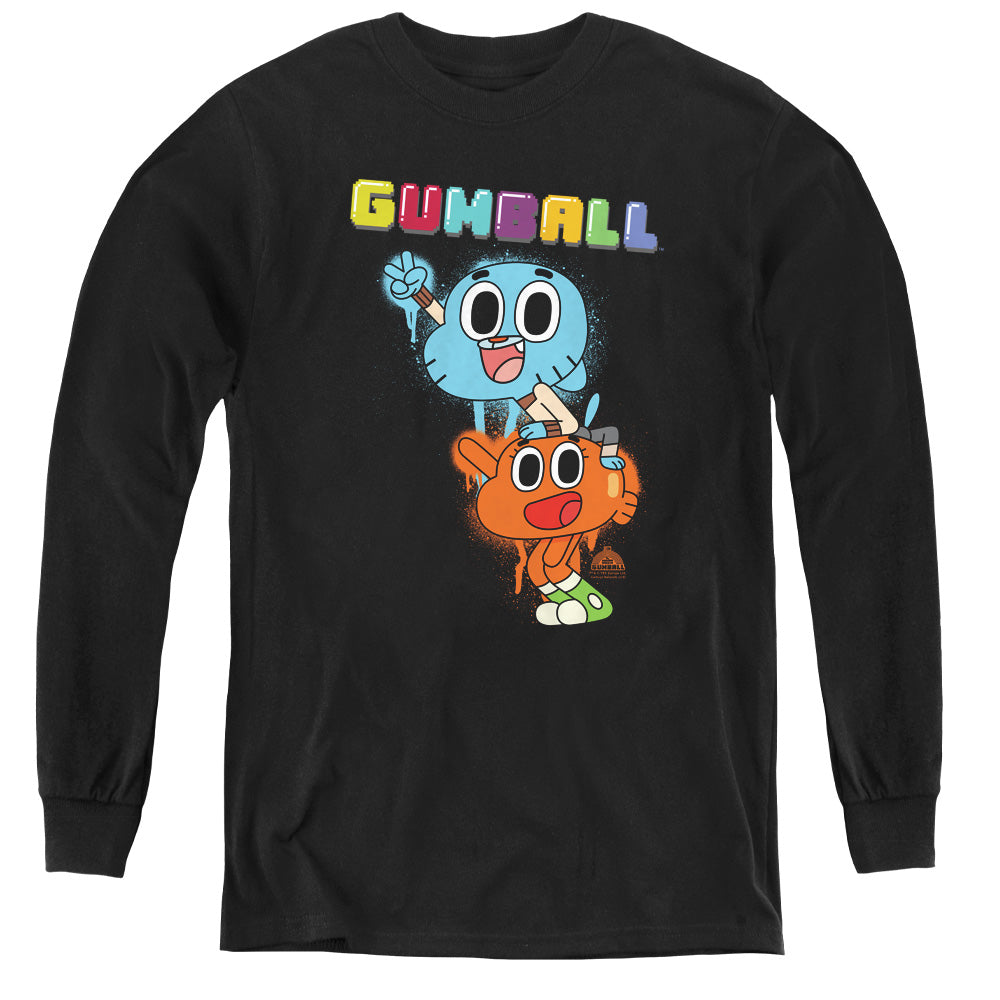 AN OFFCIALLY LICENSED AMAZING WORLD OF GUMBALL GUMBALL SPRAY YOUTH LONG SLEEVE T-SHIRT BLACK