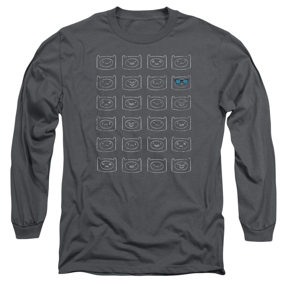 AN OFFCIALLY LICENSED ADVENTURE TIME FINN FACES MEN'S LONG SLEEVE T-SHIRT CHARCOAL