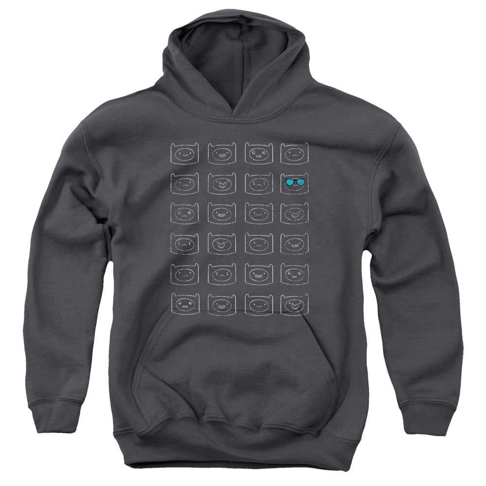 AN OFFCIALLY LICENSED ADVENTURE TIME FINN FACES YOUTH HOODIE CHARCOAL