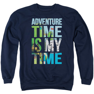 AN OFFCIALLY LICENSED ADVENTURE TIME MY TIME ADULT UNISEX CREWNECK SWEATSHIRT NAVY