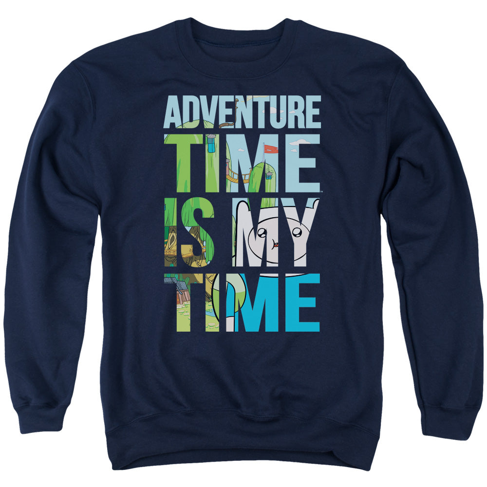 AN OFFCIALLY LICENSED ADVENTURE TIME MY TIME ADULT UNISEX CREWNECK SWEATSHIRT NAVY