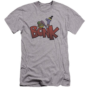 AN OFFCIALLY LICENSED DEXTERS LABORATORY BONK MEN'S PREMIUM SLIM FIT T-SHIRT ATHLETIC HEATHER