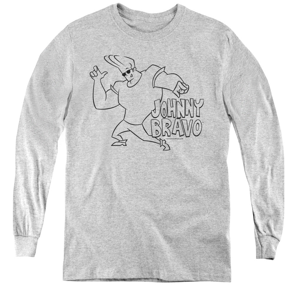 AN OFFCIALLY LICENSED JOHNNY BRAVO JB LINE ART YOUTH LONG SLEEVE T-SHIRT ATHLETIC HEATHER
