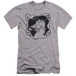 AN OFFCIALLY LICENSED COURAGE THE COWARDLY DOG GHOST FRAME MEN'S PREMIUM SLIM FIT T-SHIRT ATHLETIC HEATHER