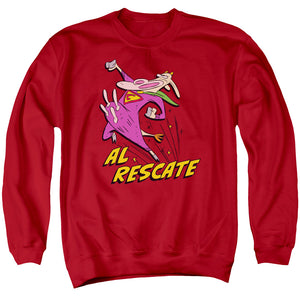 AN OFFCIALLY LICENSED COW AND CHICKEN AL RESCATE ADULT UNISEX CREWNECK SWEATSHIRT RED