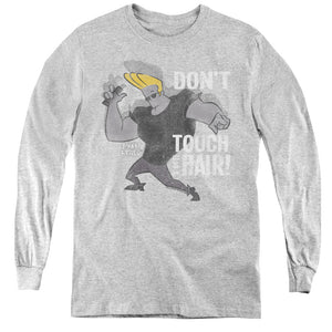 AN OFFCIALLY LICENSED JOHNNY BRAVO HAIR YOUTH LONG SLEEVE T-SHIRT ATHLETIC HEATHER