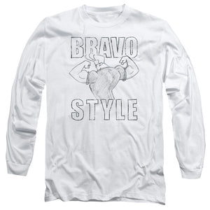 AN OFFCIALLY LICENSED JOHNNY BRAVO BRAVO STYLE MEN'S LONG SLEEVE T-SHIRT WHITE
